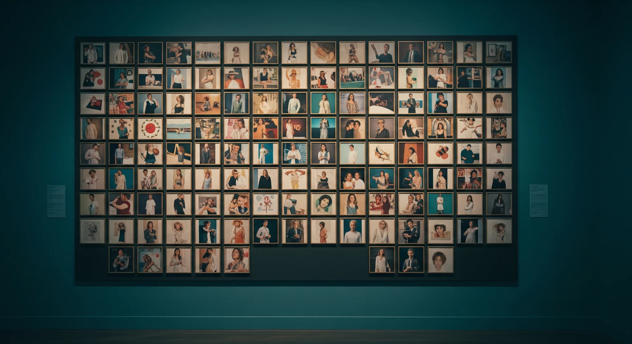 Batch de visuels cohérents en série, un mur affichant une grande grille de visuels parfaitement homogènes, concept de production en série, lumière de musée