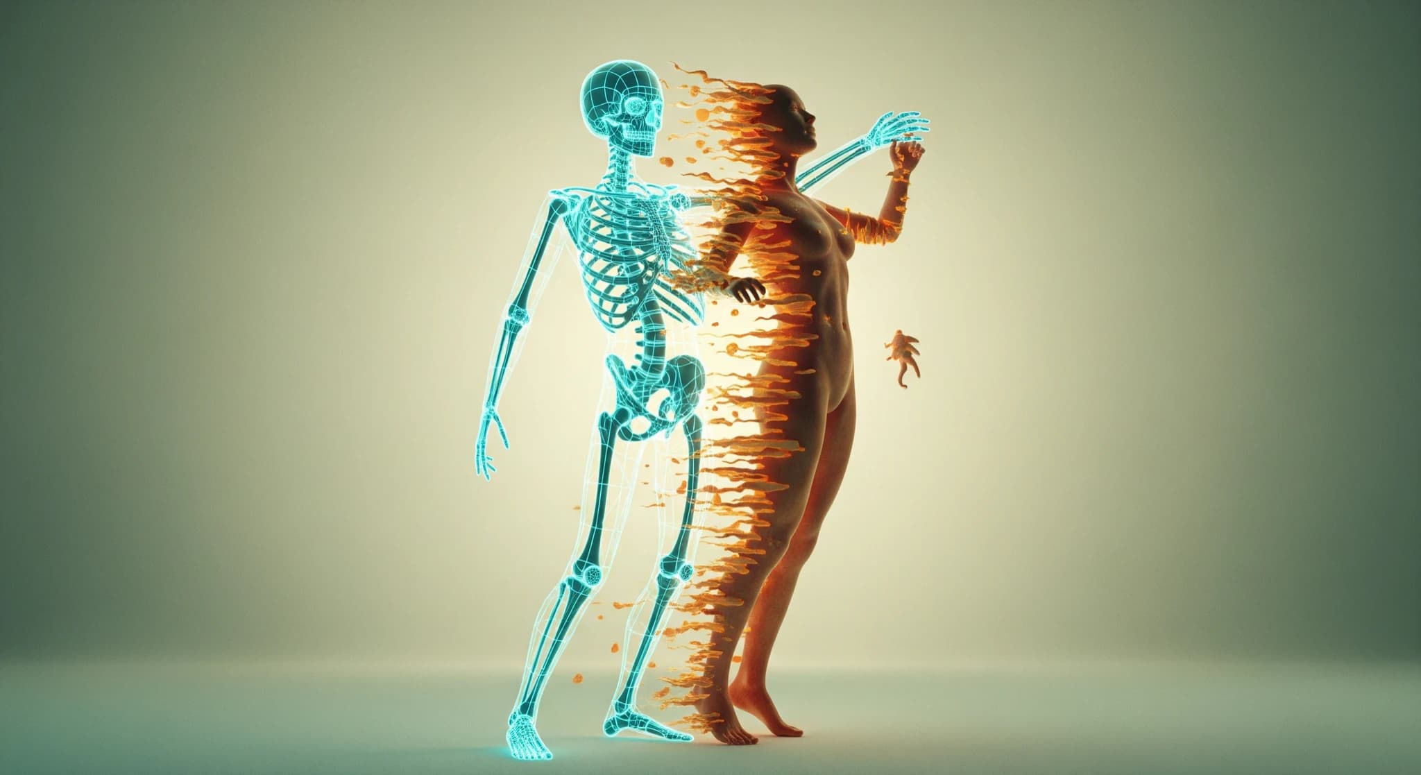 ControlNet et poses, un squelette de pose guidant un personnage généré, concept de contrôle précis, lumière de studio, profondeur