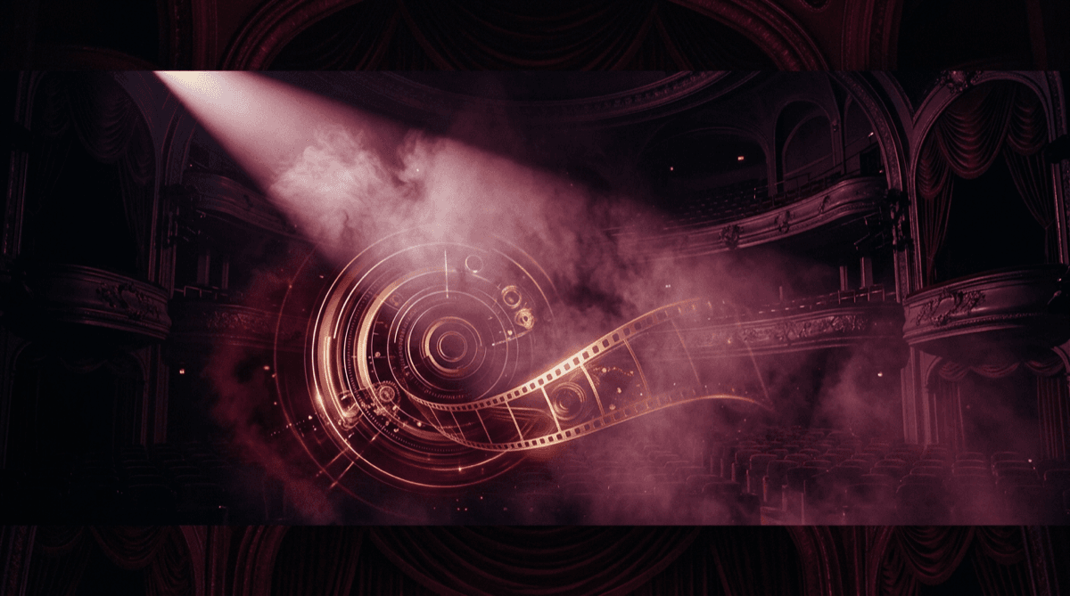 Visuel abstrait cinéma et film IA, ambiance studio et narration