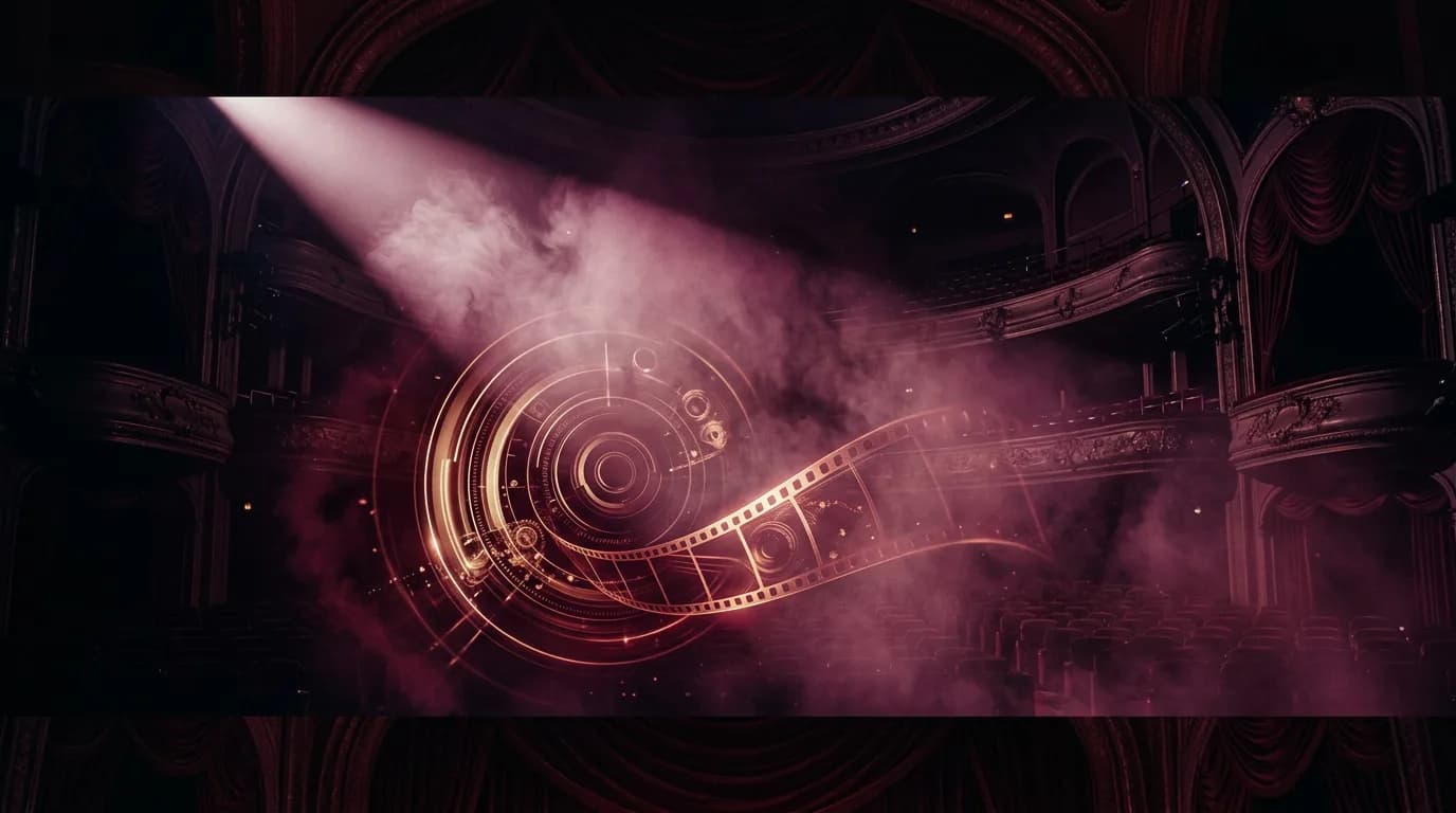 Visuel abstrait cinéma et film IA, ambiance studio et narration