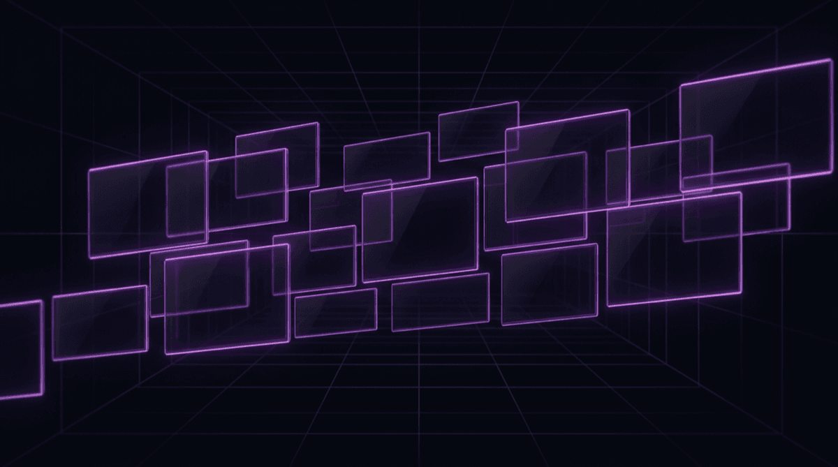Illustration abstraite storyboard IA, formes cinématiques et glow violet
