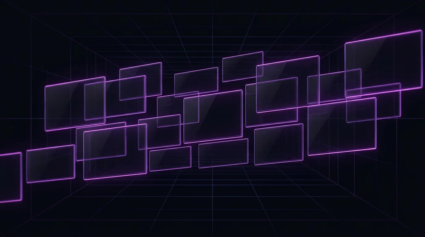 Illustration abstraite storyboard IA, formes cinématiques et glow violet