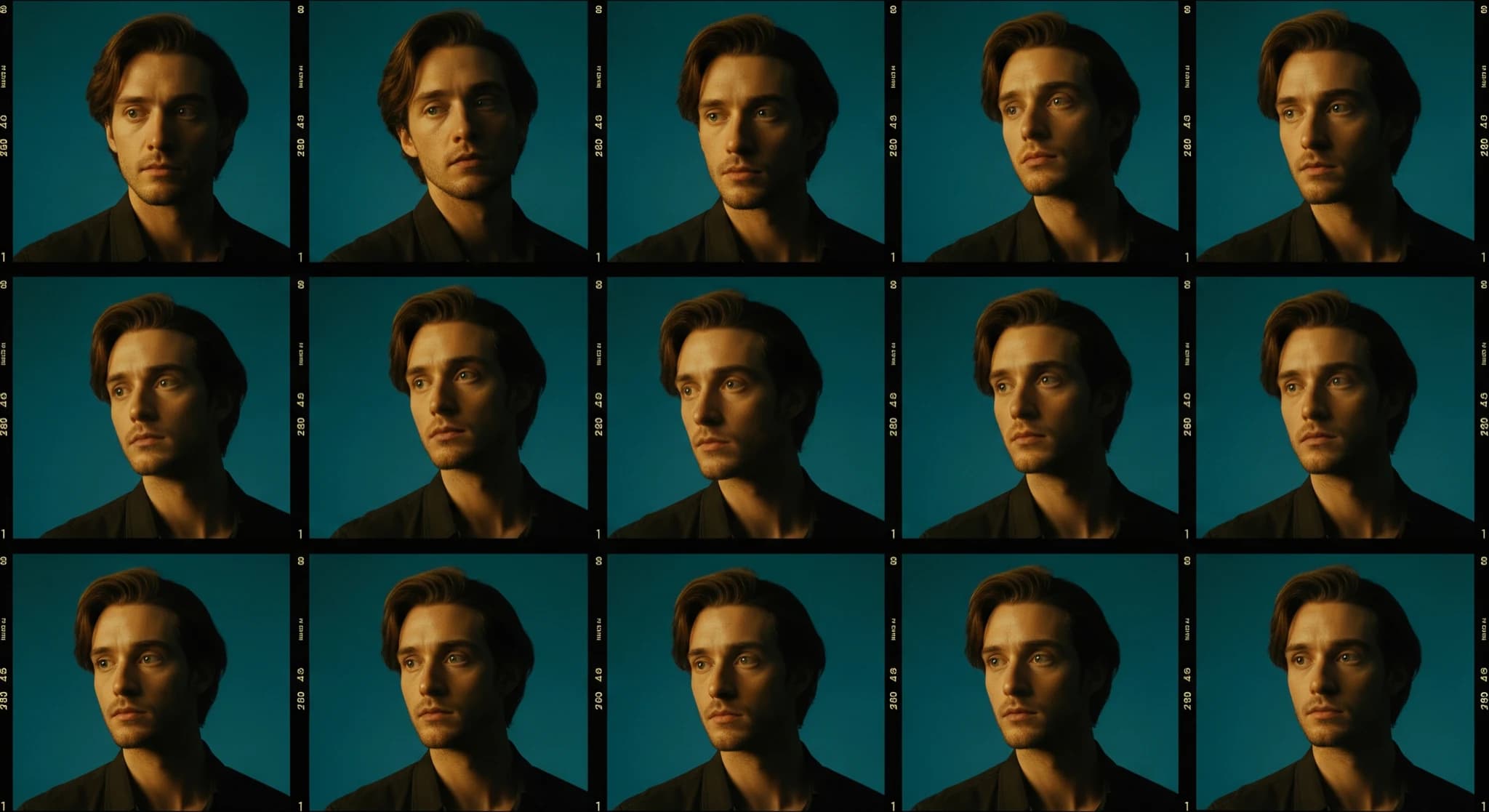 LoRA, une planche contact de portraits cohérents du même personnage entraîné, lumière de studio, grille d'images de film