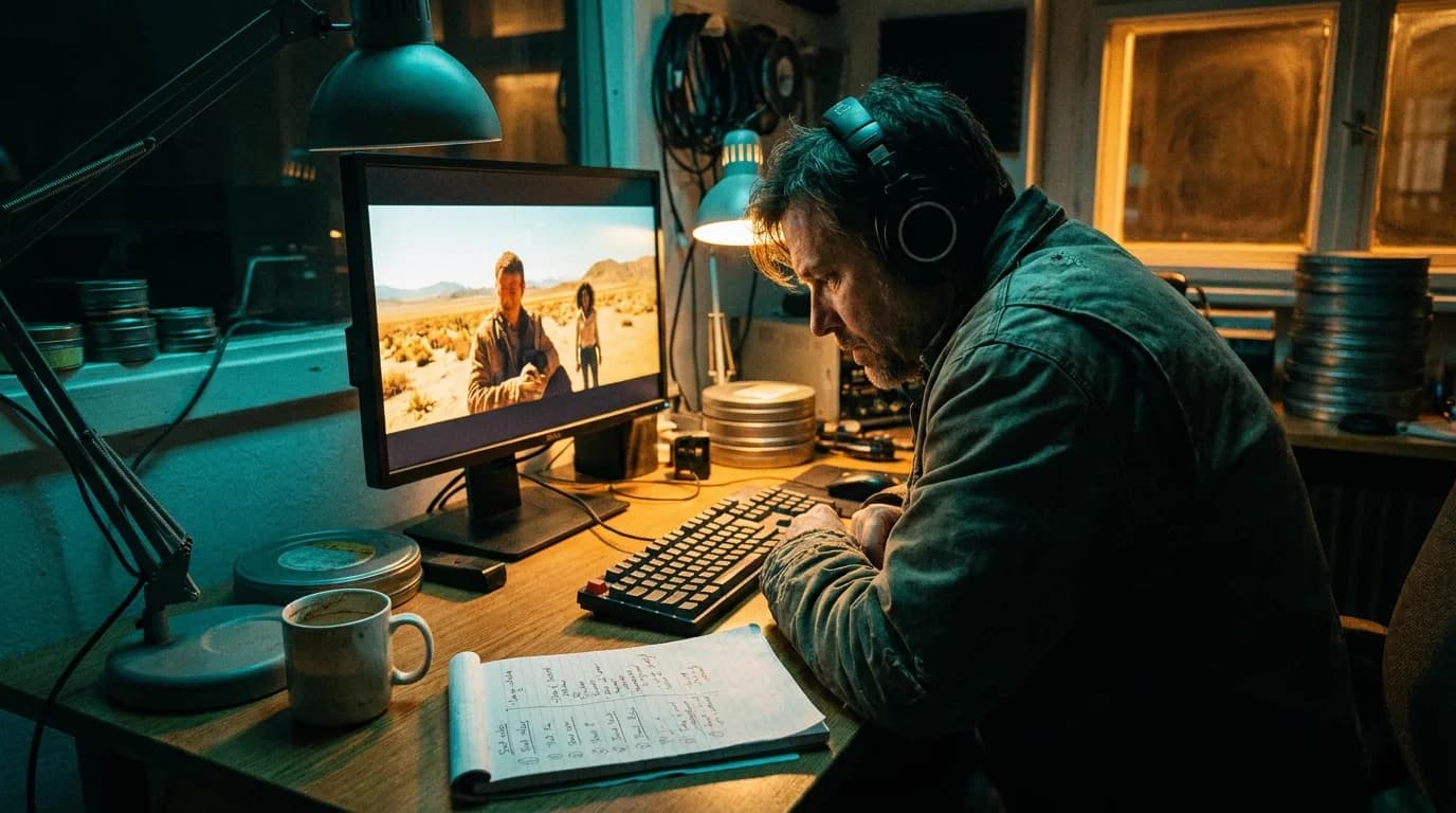 Créateur au casque devant un moniteur affichant un plan vidéo généré par IA, table de travail éclairée en teal et ambre, ambiance de studio de nuit