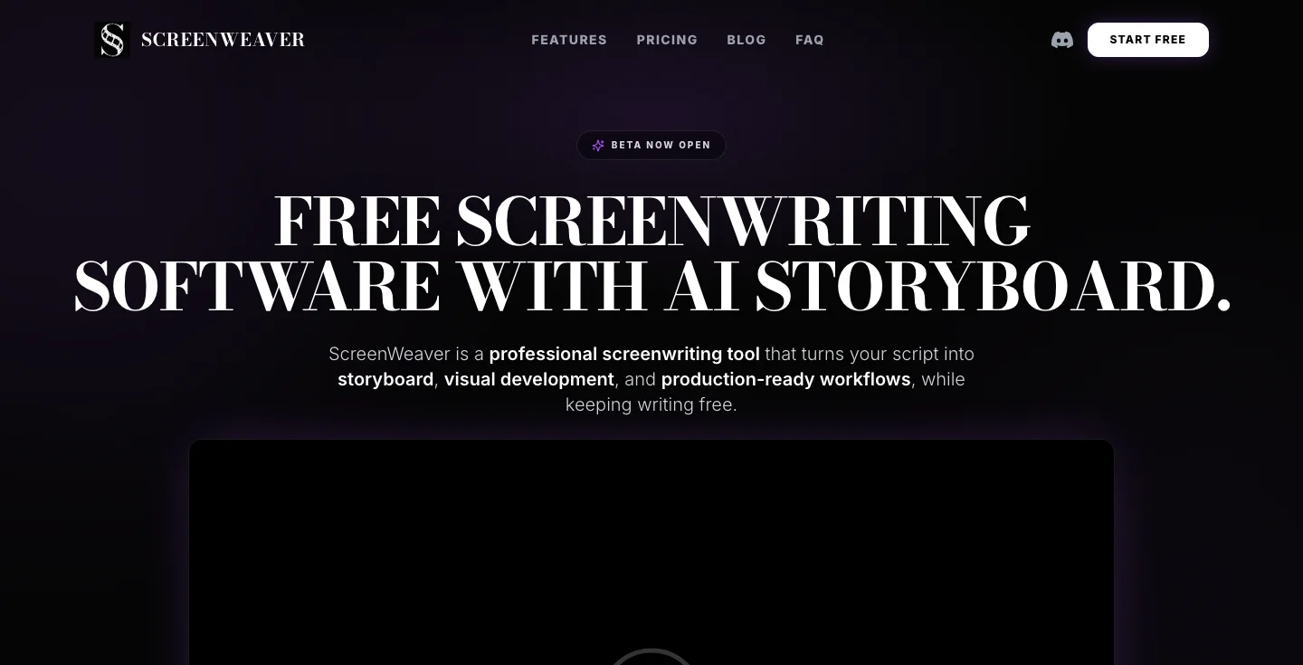 Page d'accueil de ScreenWeaver, logiciel d'écriture de scénario gratuit avec storyboard IA, slogan « free screenwriting software with AI storyboard »