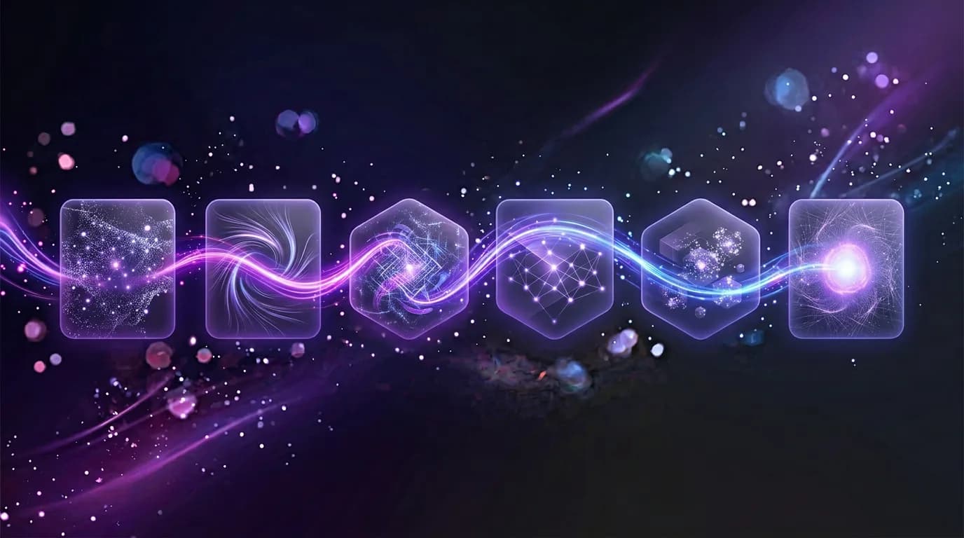 Visuel abstrait workflow IA créatif, organisation et production