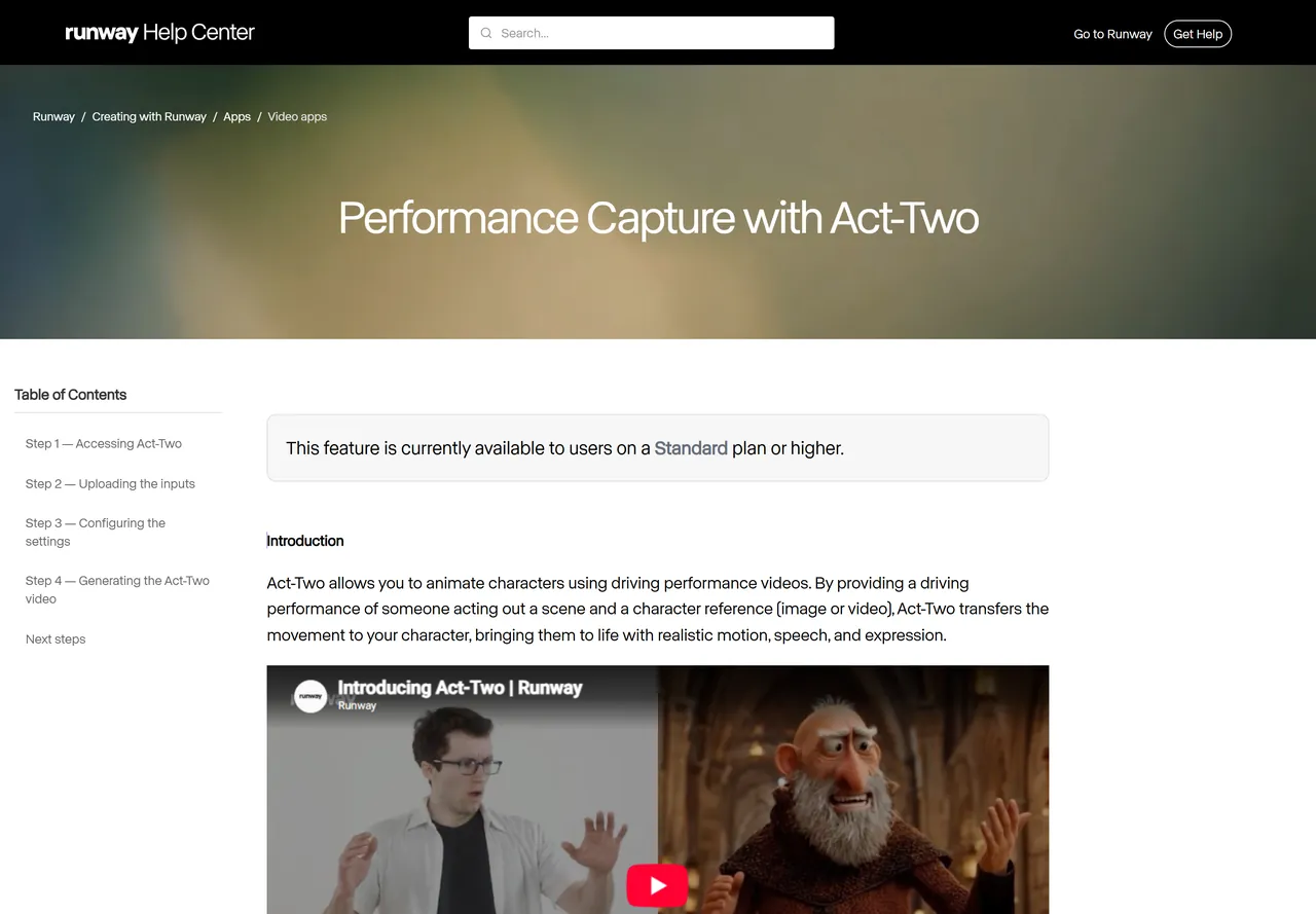 Page Performance Capture with Act-Two du centre d'aide de Runway, avec l'encadré indiquant que la fonction est réservée au plan Standard ou supérieur, l'introduction expliquant le transfert d'une vidéo de performance vers une référence de personnage, et la vignette d'une vidéo montrant un homme à lunettes à gauche et un vieux personnage barbu animé à droite reproduisant son geste