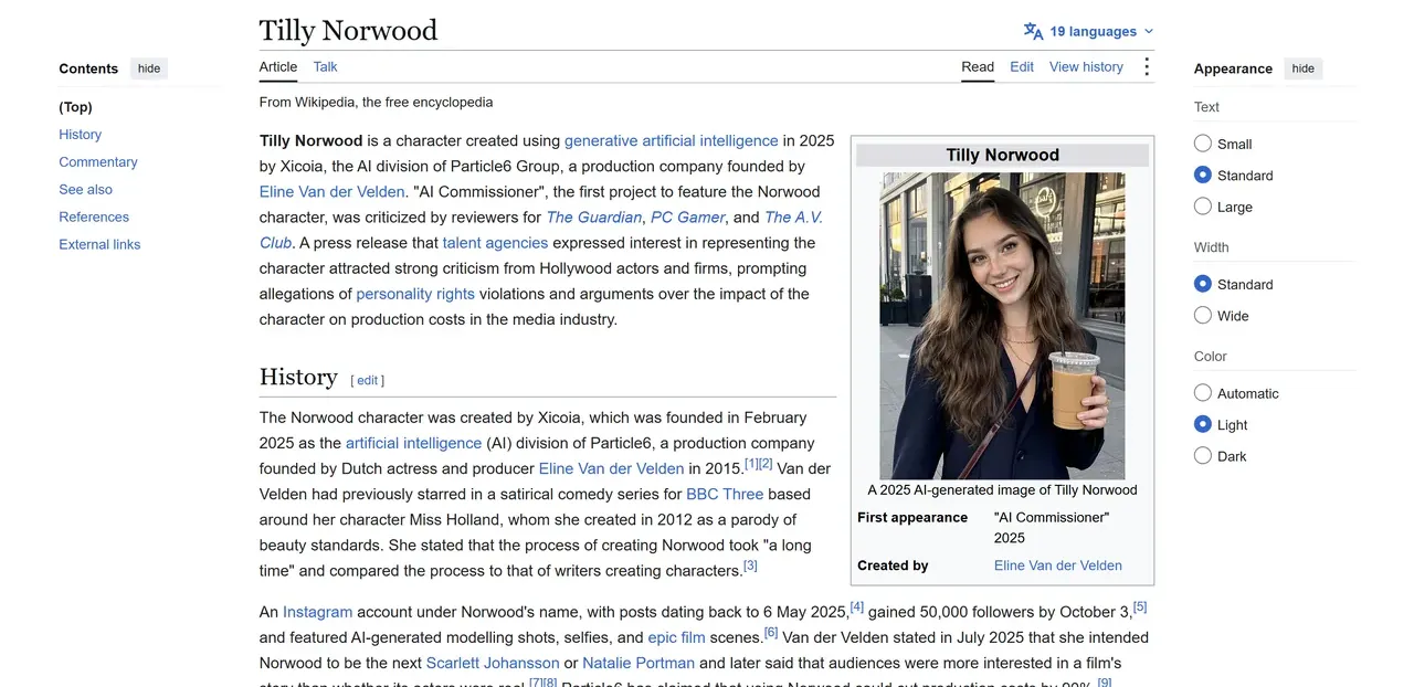 Article Wikipédia en anglais consacré à Tilly Norwood, avec le résumé décrivant un personnage créé par IA générative en 2025 par Xicoia, division IA de Particle6 fondée par Eline Van der Velden, l'encadré indiquant une première apparition dans AI Commissioner en 2025 et un portrait généré d'une jeune femme brune tenant un café