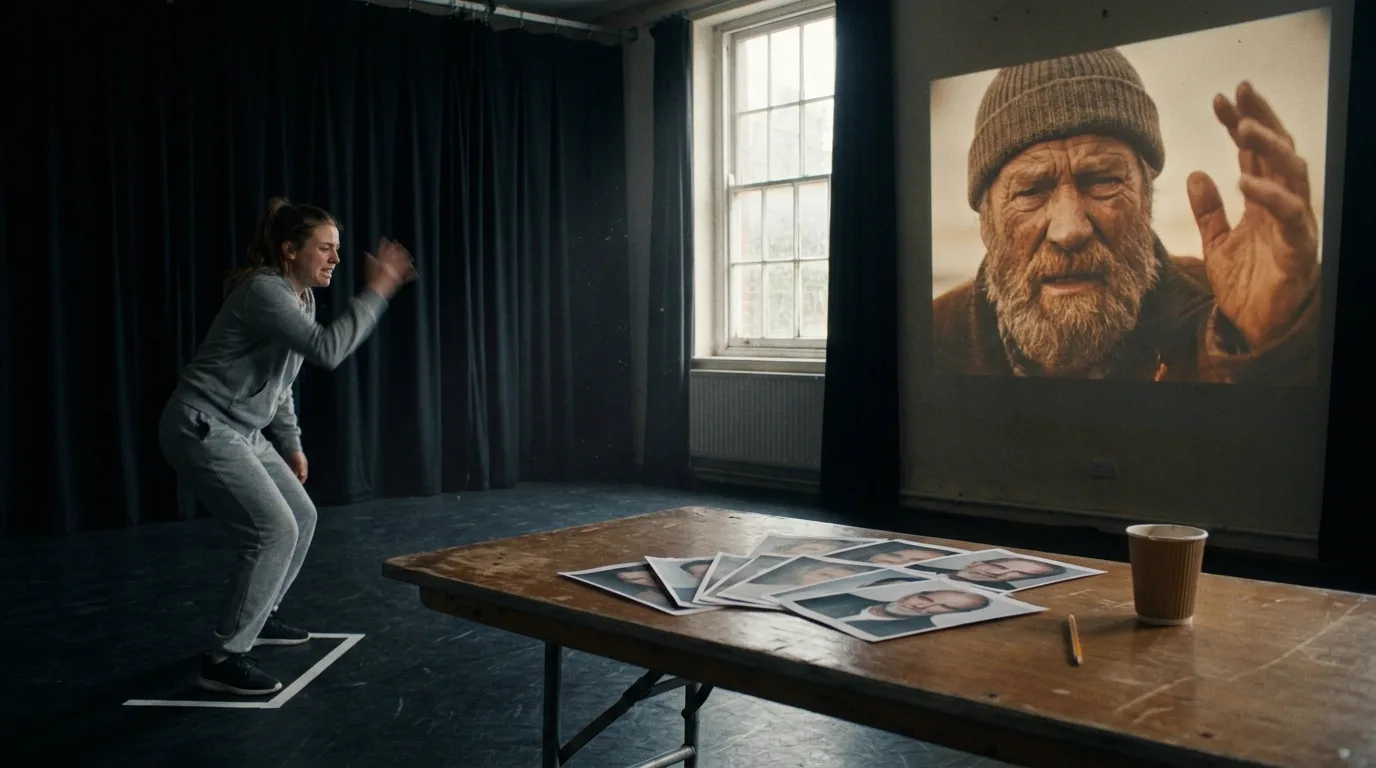 Salle de répétition de théâtre aux rideaux noirs, une comédienne en survêtement gris joue un monologue sur une marque au sol, tandis qu'un projecteur affiche sur le mur un vieux pêcheur en bonnet de laine reproduisant exactement son expression et sa main levée, table de casting au premier plan couverte de photos de comédiens et d'un gobelet de café