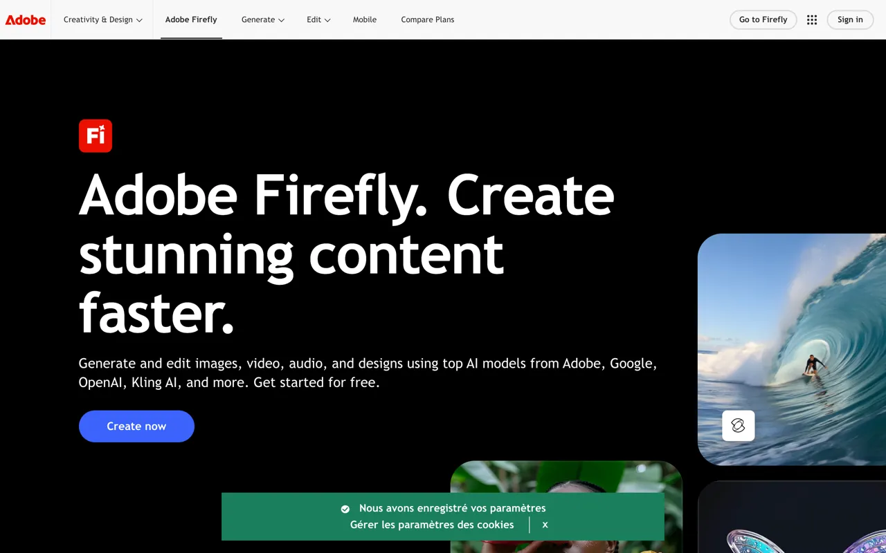 Page Adobe Firefly présentant la génération d'images et de vidéos par IA