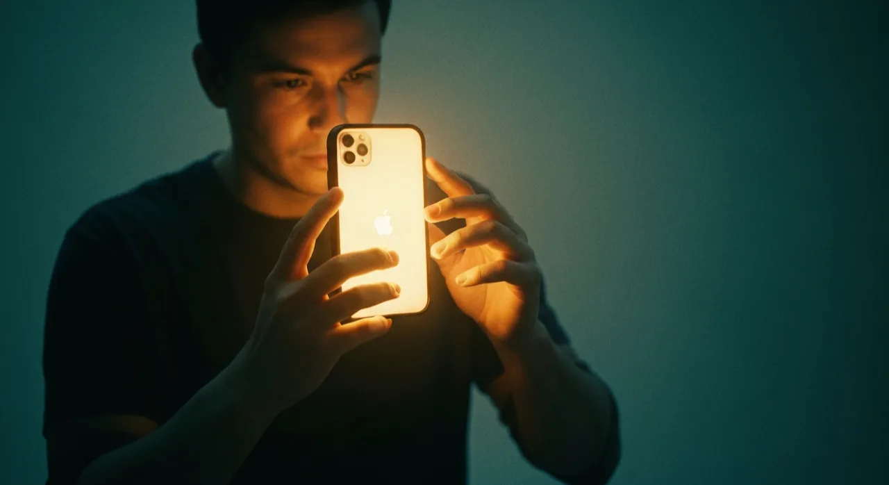 Un créateur génère une image sur un smartphone dans un studio sombre, lumière d'écran chaude, ambiance cinématique