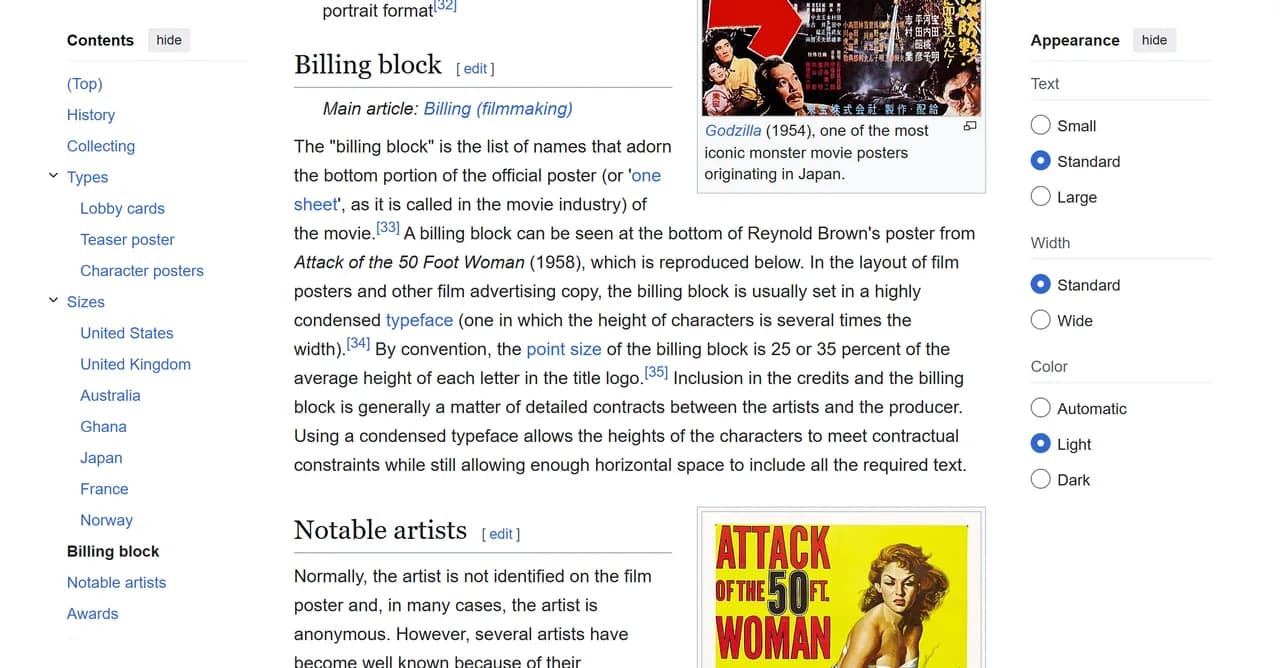 Section Billing block de l'article Film poster de Wikipedia, qui donne la convention des 25 ou 35 pour cent de la hauteur des lettres du titre