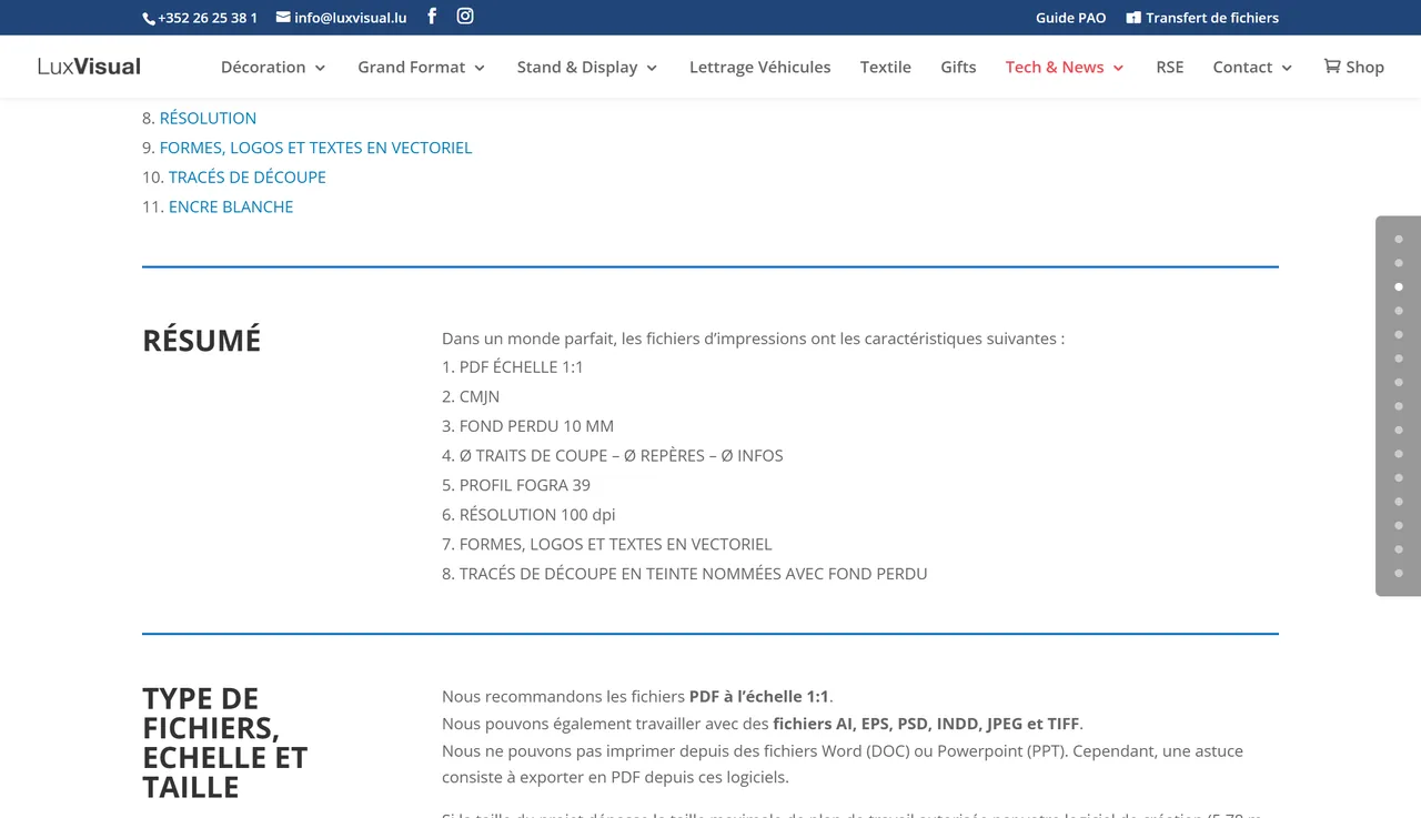 Résumé du guide PAO grand format de LuxVisual listant PDF échelle 1:1, CMJN, fond perdu 10 mm, profil Fogra 39 et résolution 100 dpi