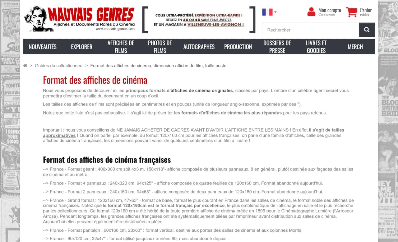 Page du guide des formats d'affiches de cinéma de Mauvais Genres listant les formats français avec leurs dimensions en centimètres et en pouces