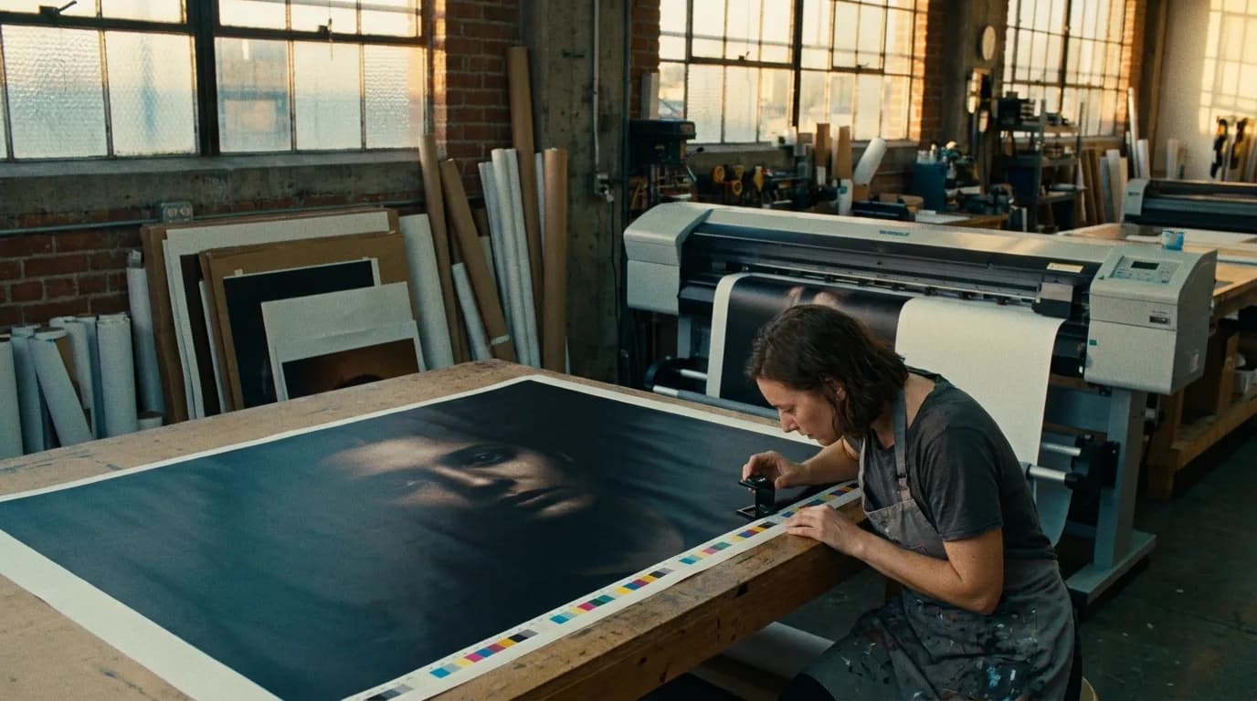 Dans un atelier d'impression grand format en fin de journée, une femme en tablier gris taché d'encre se penche sur une épreuve d'affiche posée à plat sur une large table en bois et approche un compte-fils de la bande de pastilles de contrôle couleur imprimée au bord de la feuille, traceur à rouleau en marche derrière elle