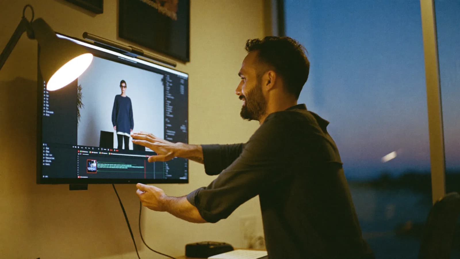 Fondateur d'une agence vidéo IA présentant un projet client sur un grand écran dans un studio moderne, lumière naturelle en fin de journée