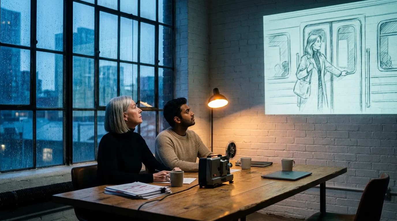 Dans le loft d'une petite agence de motion design à l'heure bleue, une directrice artistique aux cheveux gris coupés au carré et un jeune producteur en pull beige regardent une case de storyboard au crayon projetée sur un mur de briques blanches, pluie sur les grandes fenêtres