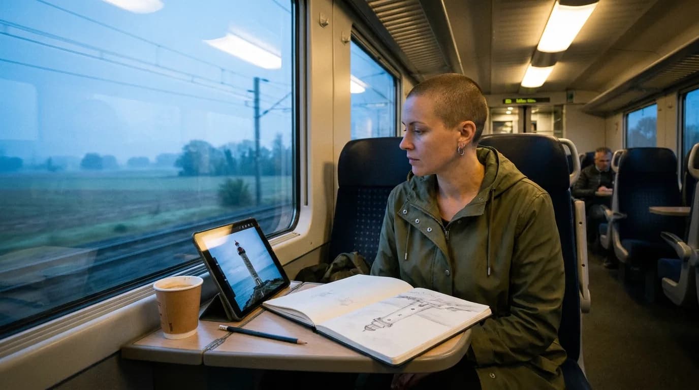 Dans un train régional à l'aube, une jeune femme au crâne rasé en ciré vert, un croquis de phare au crayon ouvert devant elle et une image du même phare sur sa tablette