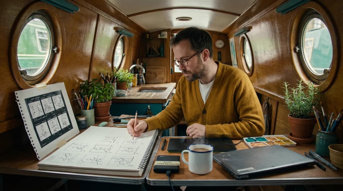 Dans la cabine boisée d'une péniche transformée en atelier, un illustrateur à lunettes rondes en gilet moutarde redessine au crayon des cases de storyboard en bonshommes dans un grand carnet, une vieille planche imprimée scotchée à côté, un disque dur externe étiqueté et un ordinateur portable fermé sur la table, reflets du canal par les hublots