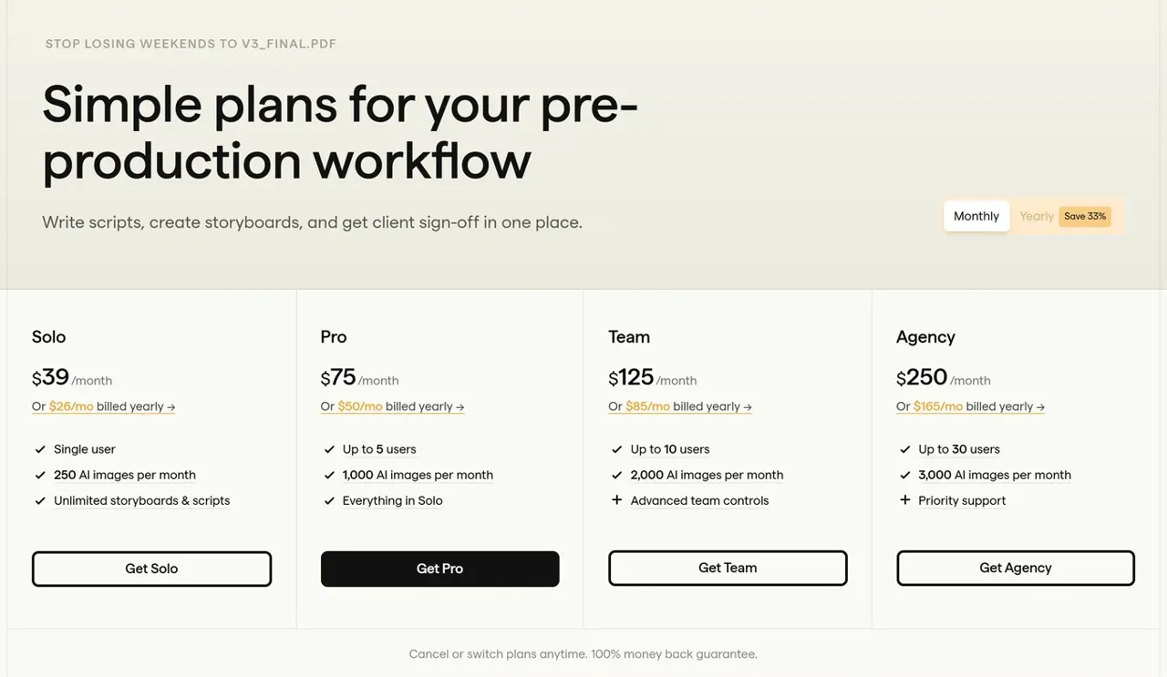 Page tarifs de Boords avec quatre plans en facturation mensuelle : Solo à 39 dollars par mois ou 26 dollars par mois en annuel pour un utilisateur et 250 images IA par mois, Pro à 75 dollars, Team à 125 dollars, Agency à 250 dollars, avec la mention Cancel or switch plans anytime