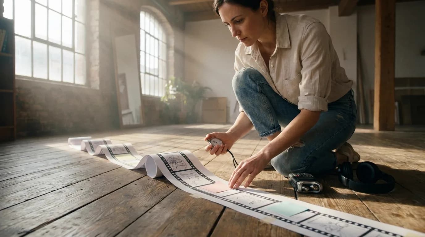Loft baigné de lumière du matin, une femme en chemise de lin agenouillée sur un plancher en bois chronomètre une longue bande de cases de storyboard imprimées et scotchées bout à bout sur le sol, enregistreur audio portable et casque posés à côté d'elle
