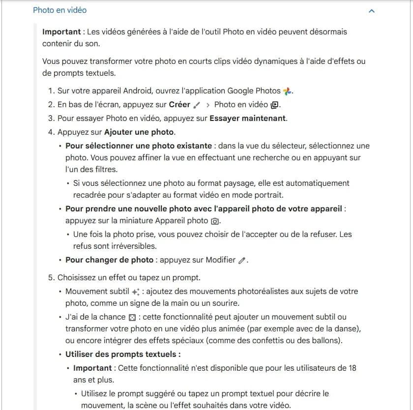 Page d'aide Google Photos en français, section Photo en vidéo dépliée : les vidéos peuvent contenir du son, chemin Créer puis Photo en vidéo, recadrage automatique des photos paysage en portrait, effets Mouvement subtil et J'ai de la chance, prompts textuels réservés aux 18 ans et plus