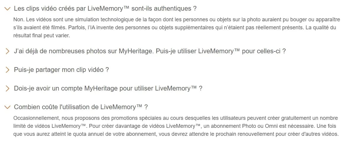 FAQ de la page LiveMemory de MyHeritage en français : réponse indiquant que les clips sont une simulation technologique et que l'IA invente parfois des personnes ou des objets absents, puis réponse sur le prix qui mentionne des promotions gratuites ponctuelles et un abonnement Photo ou Omni avec quota annuel