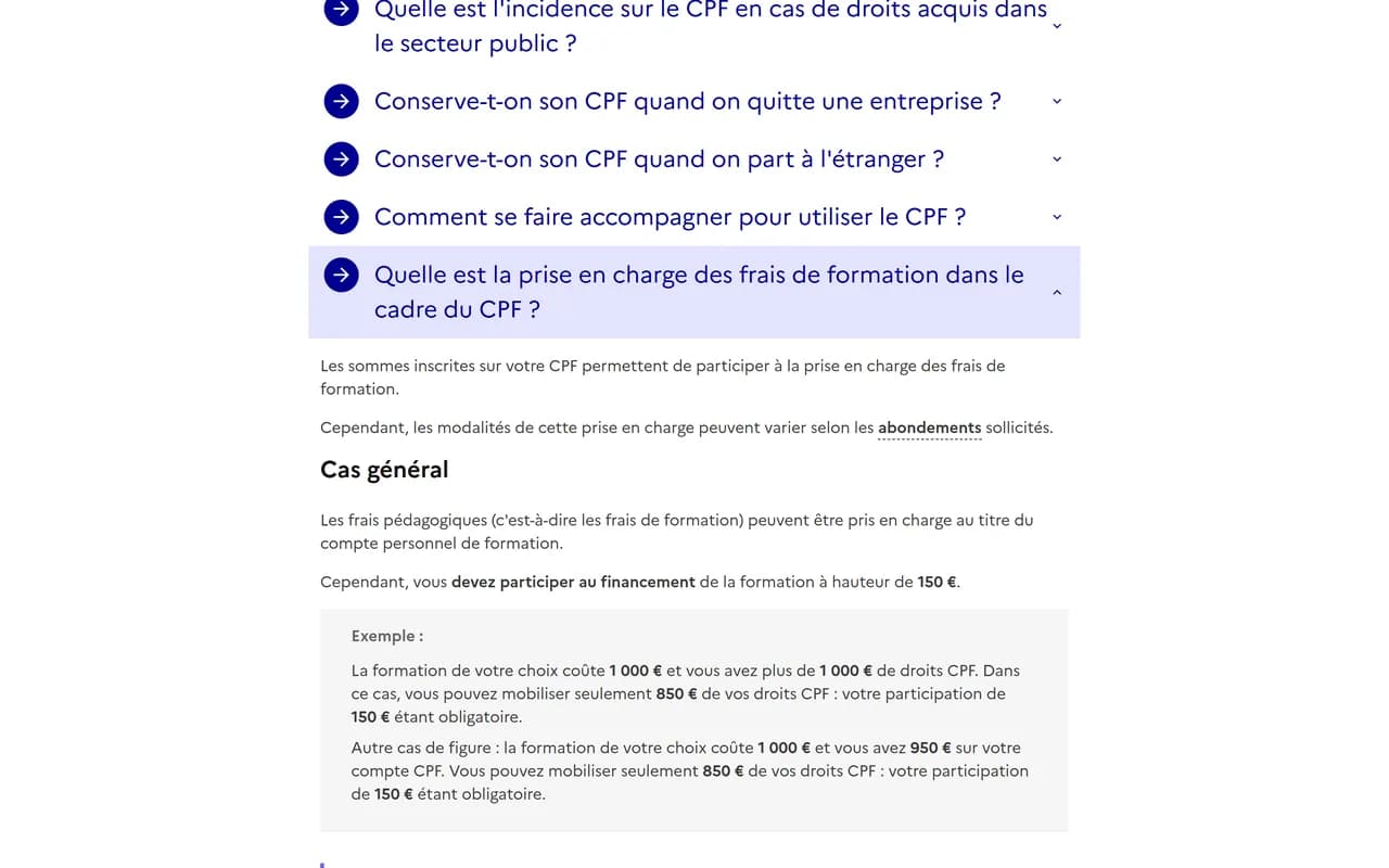 Fiche service-public.gouv.fr sur le compte personnel de formation, section sur la participation financière de 150 euros et les formations éligibles