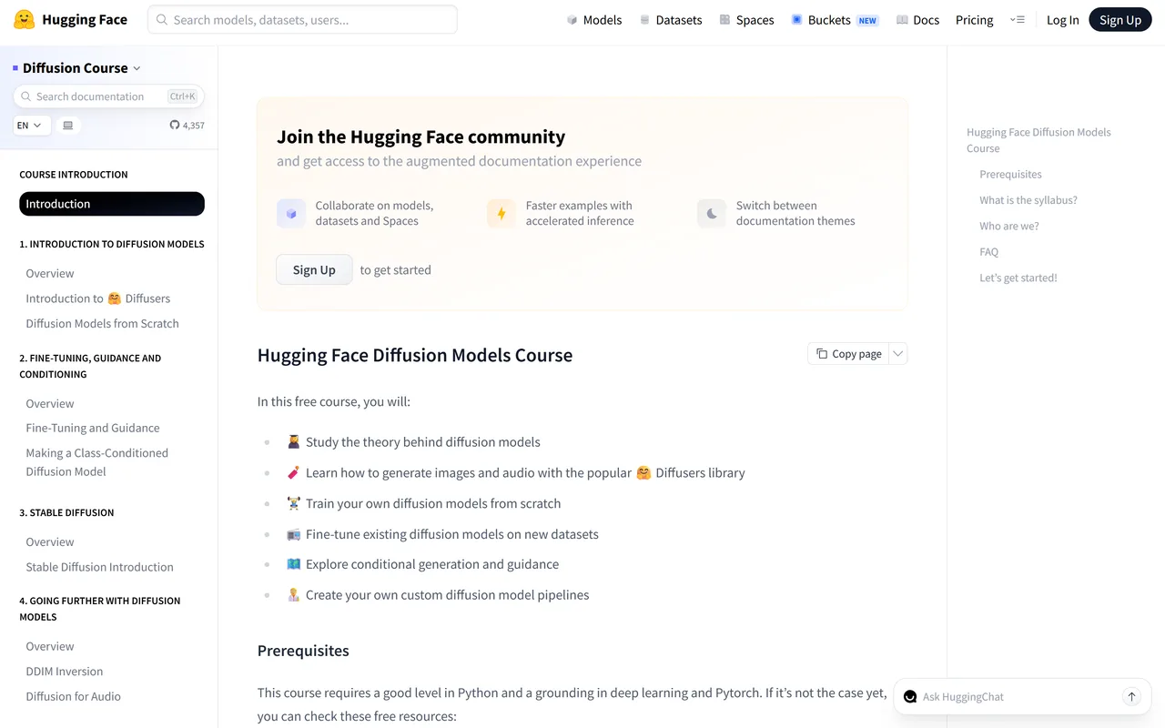 Page d'introduction du Diffusion Course de Hugging Face, annonçant un cours gratuit en quatre unités et listant les prérequis : bon niveau en Python et bases en deep learning et PyTorch