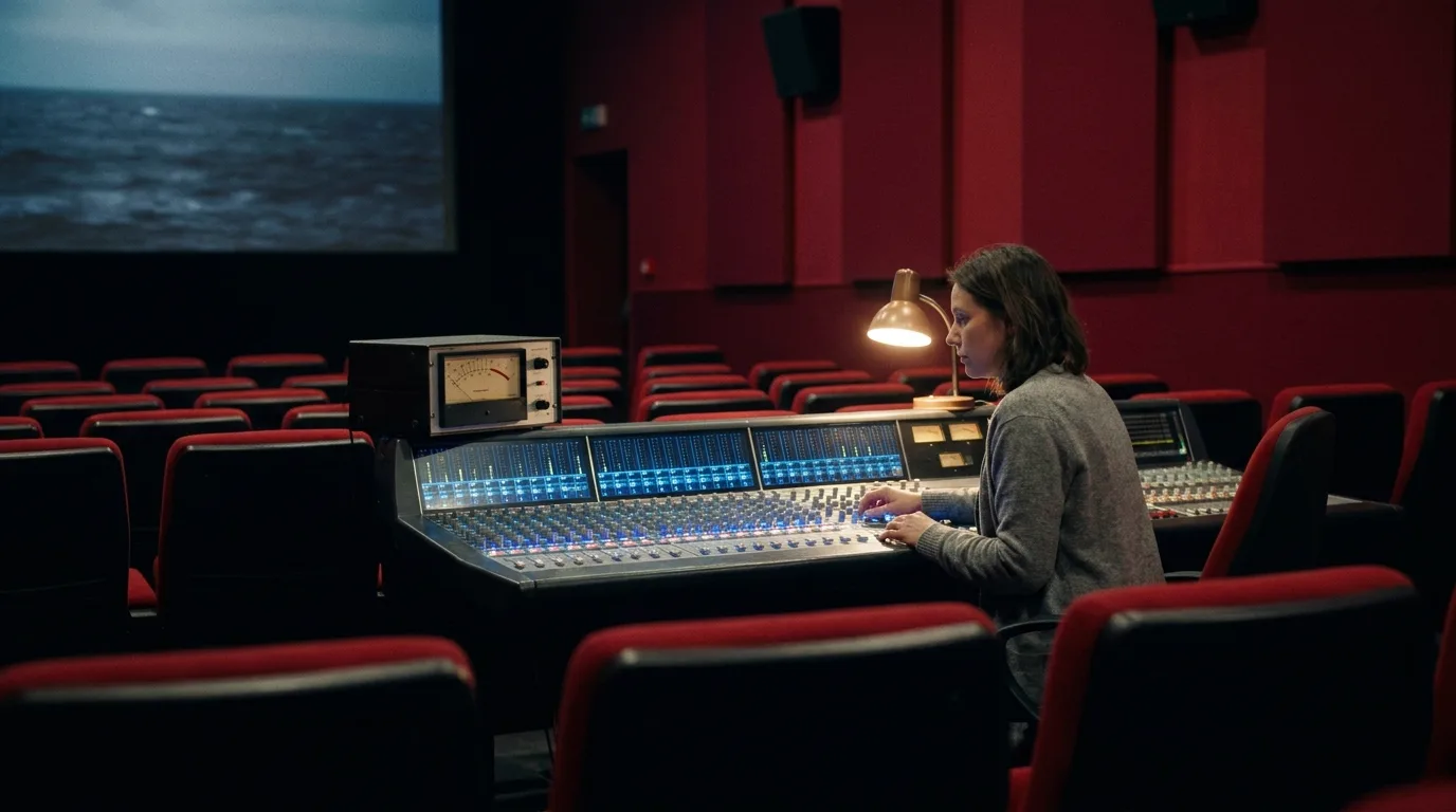 Auditorium de mixage en fin de soirée, ingénieure du son en cardigan gris assise seule à une large console de mixage au milieu des rangées de fauteuils rouges, faders éclairés par le bas, unité de mesure de niveau sonore posée dans un rack à côté d'elle, petit écran de projection au fond montrant une image marine sombre et floue, une lampe de bureau chaude comme seule autre source de lumière