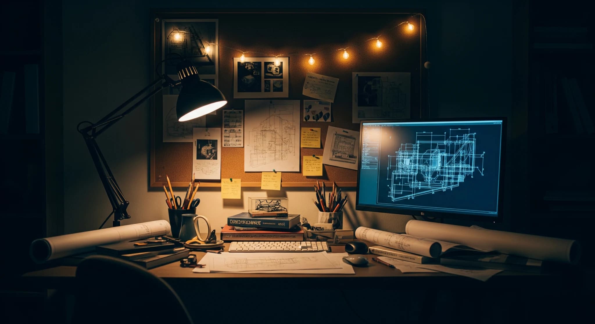 Bibliothèque de prompts réutilisables, espace de travail organisé avec cartes étiquetées et écran lumineux, ambiance cinématique chaleureuse