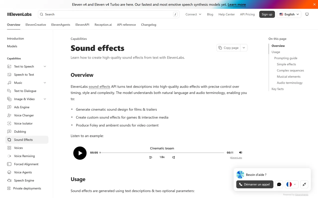 Page Sound effects de la documentation ElevenLabs, avec la liste des usages dont la génération de Foley et d'ambiances pour la vidéo, et un lecteur audio d'exemple intitulé Cinematic braam