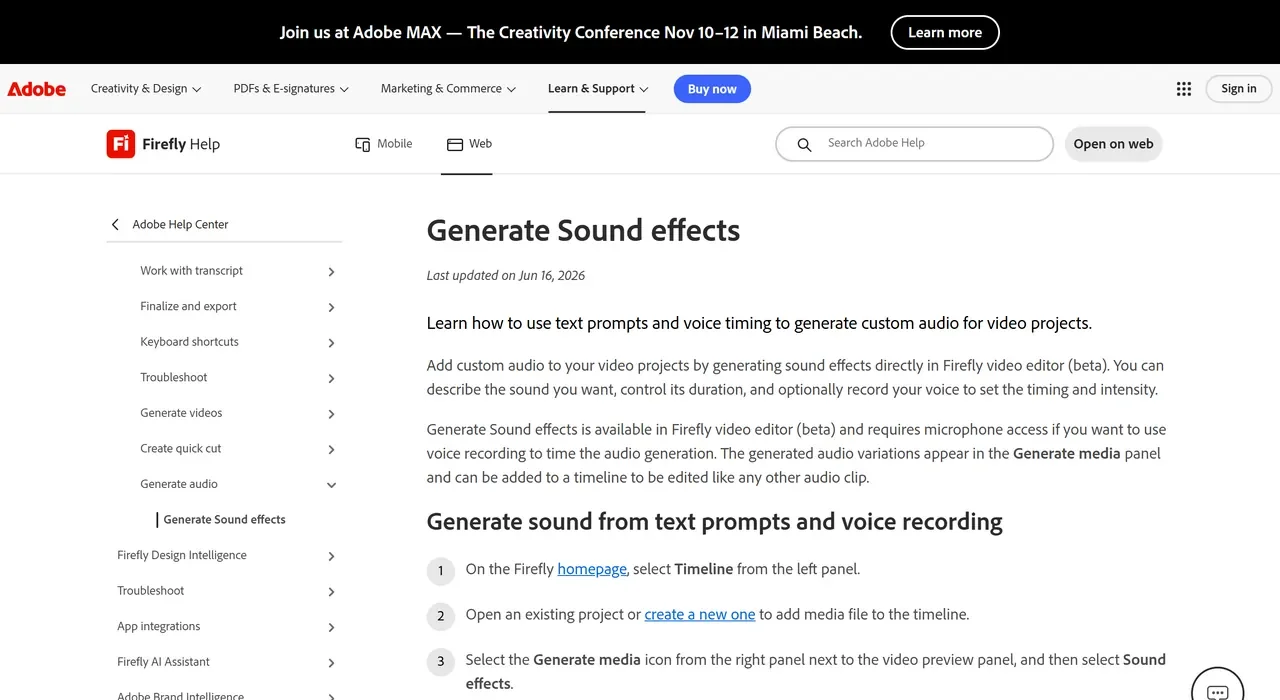 Page d'aide Adobe Generate Sound effects, mise à jour le 16 juin 2026, expliquant la génération d'effets sonores dans l'éditeur vidéo de Firefly en bêta à partir d'un prompt texte et d'un enregistrement vocal pour le timing
