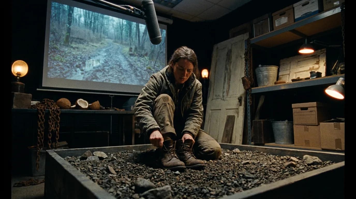 Dans un studio de bruitage la nuit, une bruiteuse agenouillée au bord d'une fosse de gravier pose des bottes en cuir sur les cailloux face à un écran qui projette un chemin forestier boueux, sous une perche micro