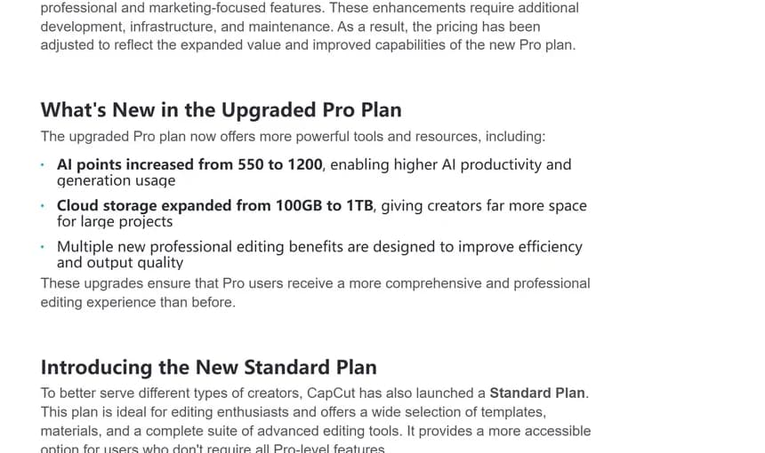 Page d'aide CapCut détaillant la mise à jour du plan Pro : AI points passant de 550 à 1200, stockage cloud passant de 100 Go à 1 To, et introduction d'un nouveau plan Standard