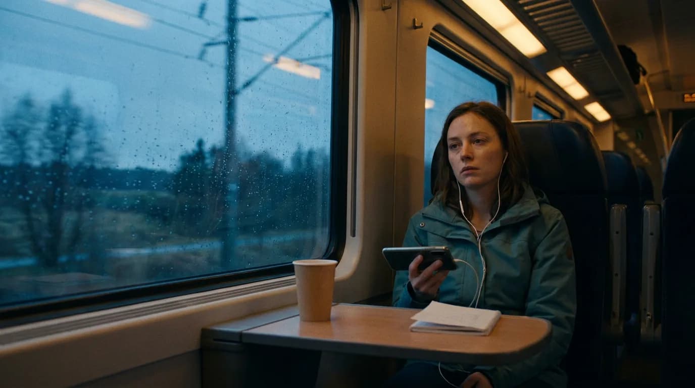 Une femme assise près de la vitre d'un train régional au crépuscule tient son téléphone à l'horizontale, écouteurs filaires, gobelet et carnet posés sur la tablette