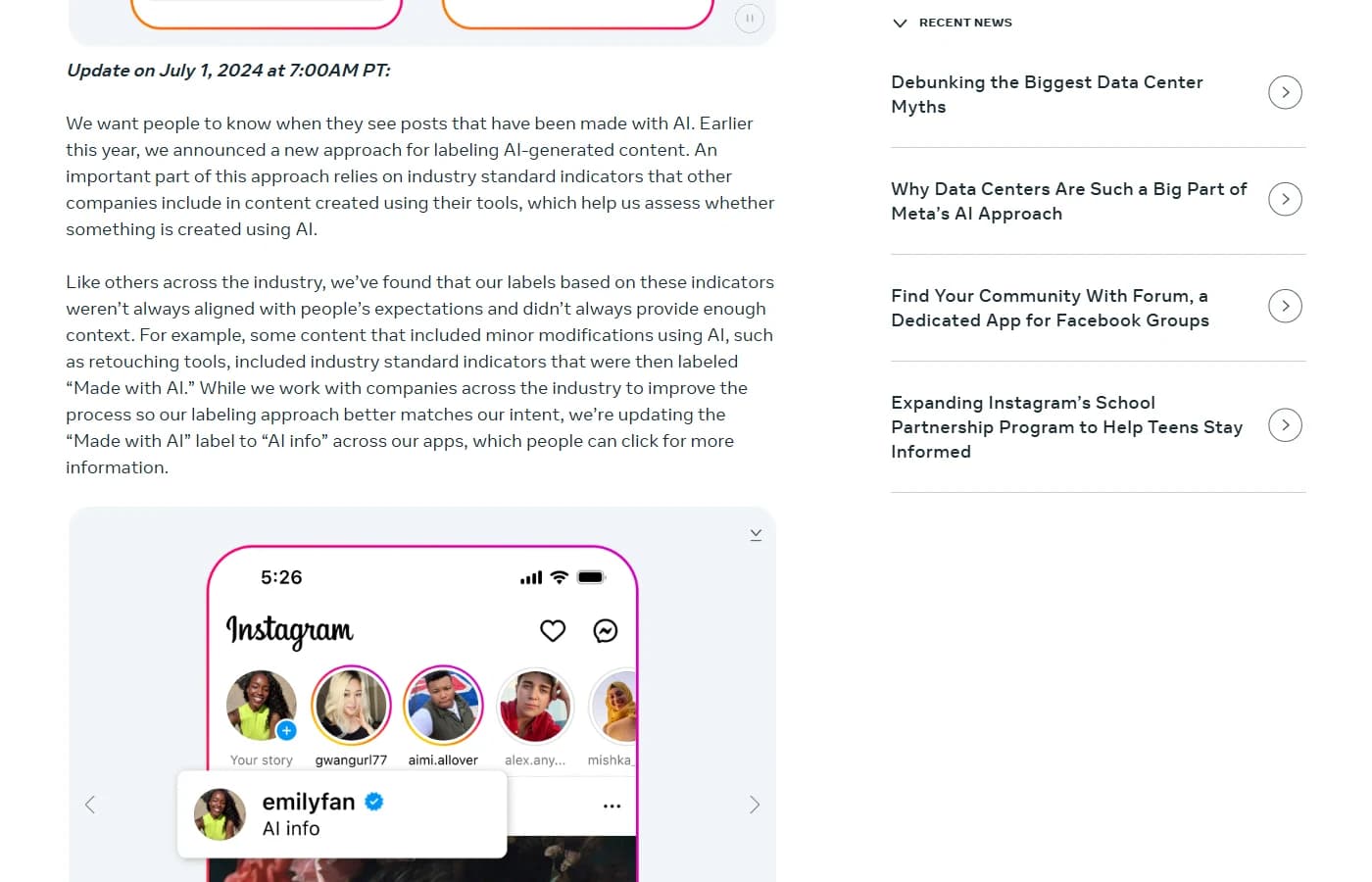 Article de la salle de presse de Meta, mise à jour du 1er juillet 2024 expliquant que le libellé Made with AI devient AI info sur ses applications, avec en dessous une maquette de publication Instagram portant la mention AI info sous le nom du compte