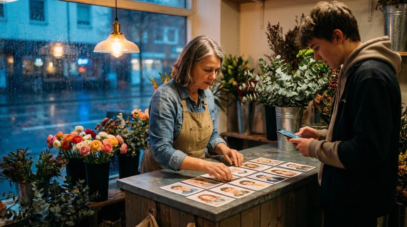 Dans une petite boutique de fleurs un soir de pluie, une fleuriste en tablier de toile aligne une rangée de cartes imprimées au format portrait sur un comptoir en zinc, pendant qu'un jeune assistant vérifie l'ordre des cartes sur son smartphone, entouré de seaux de renoncules et d'eucalyptus