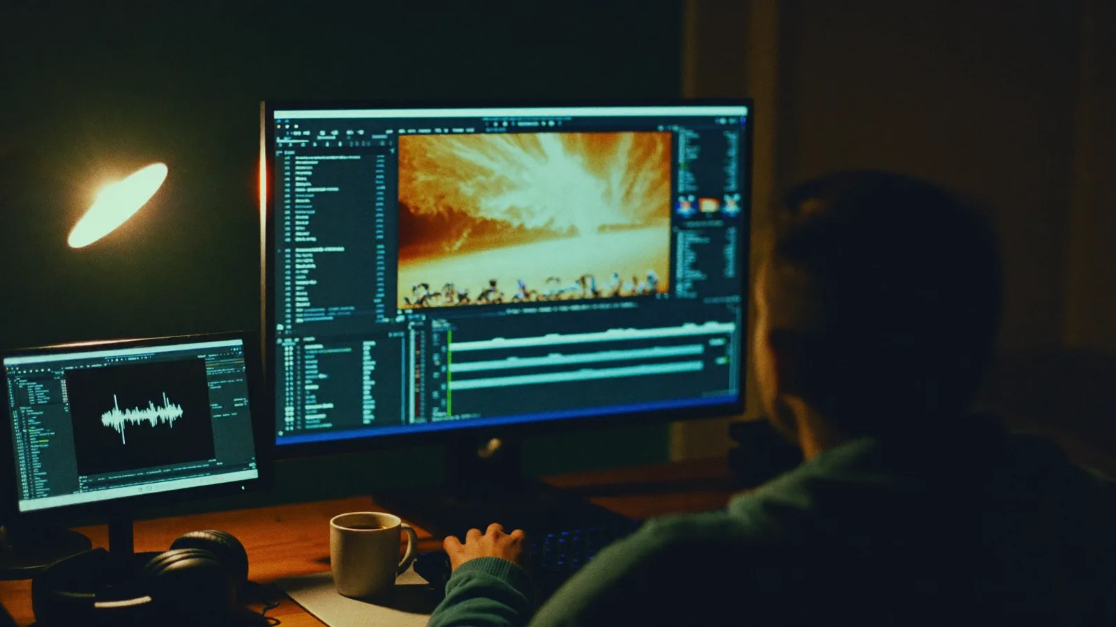 Bureau de créateur la nuit éclairé par un écran, timeline de montage vidéo et logo YouTube visibles, tasse de café et casque posés à côté