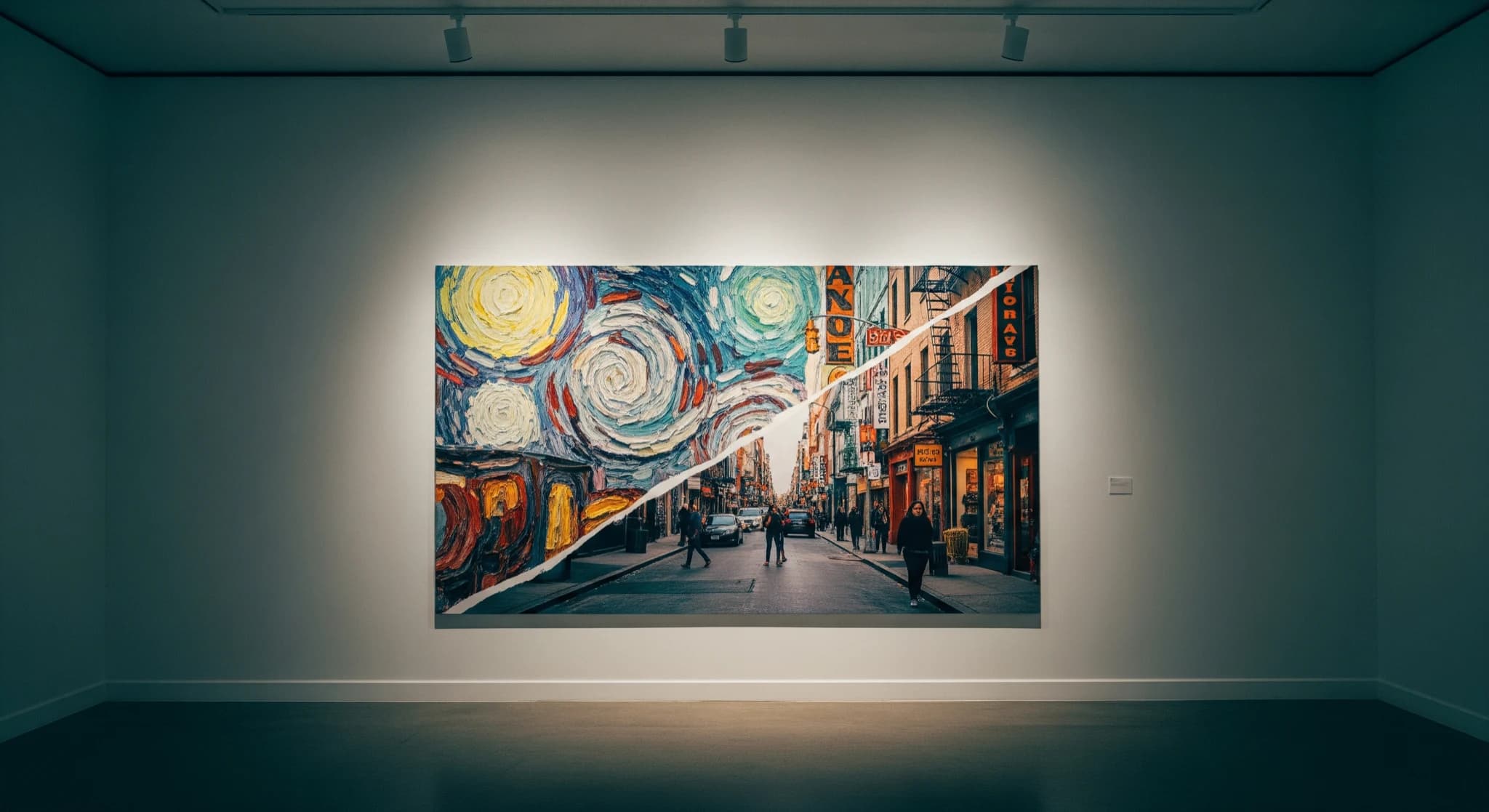 Changer le style d'une image avec l'IA, une image se métamorphosant entre des styles artistiques distincts, transformation créative, lumière de galerie