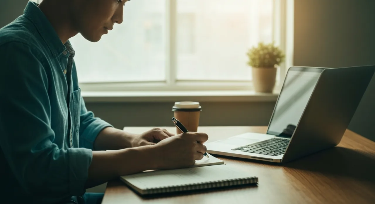 Un créateur compare des abonnements d'outils IA sur un carnet et un écran dans un bureau chaleureux, lumière douce
