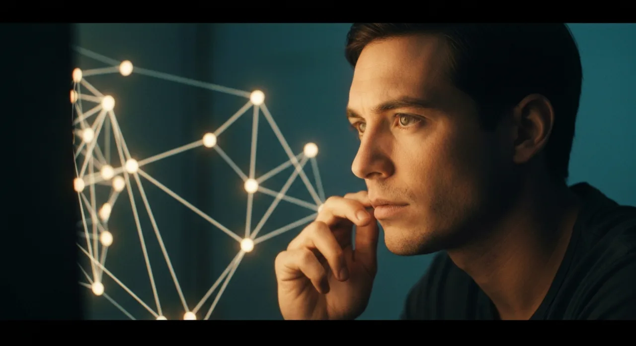 Un créateur observe un workflow nodal de noeuds reliés par des fils sur un écran, studio sombre, lumière d'écran cinématique