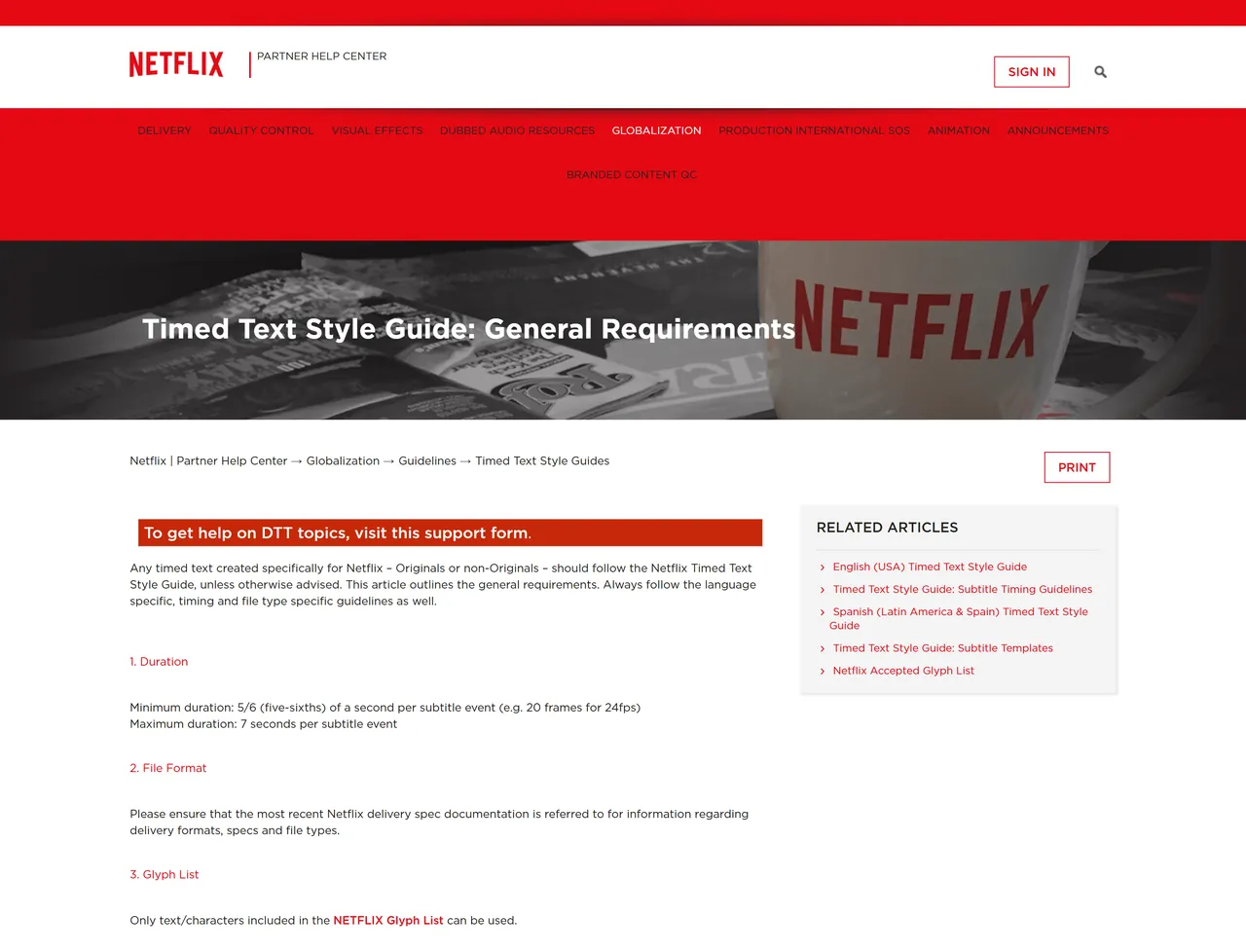Page du Timed Text Style Guide de Netflix affichant la section Duration, avec une durée minimale de 5/6 de seconde par sous-titre soit 20 images en 24 images par seconde, et une durée maximale de 7 secondes