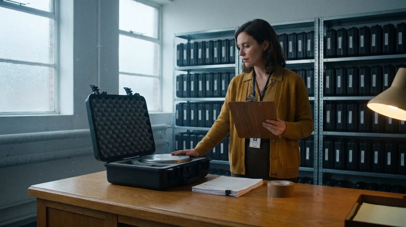 Bureau de réception des copies d'un petit festival de cinéma un matin d'hiver, une femme en cardigan jaune moutarde avec un badge autour du cou tient un porte-bloc en bois, l'autre main posée sur une valise noire ouverte garnie de mousse grise, une pile de formulaires et un rouleau d'adhésif sur le plateau en chêne, rayonnages métalliques de valises identiques au fond