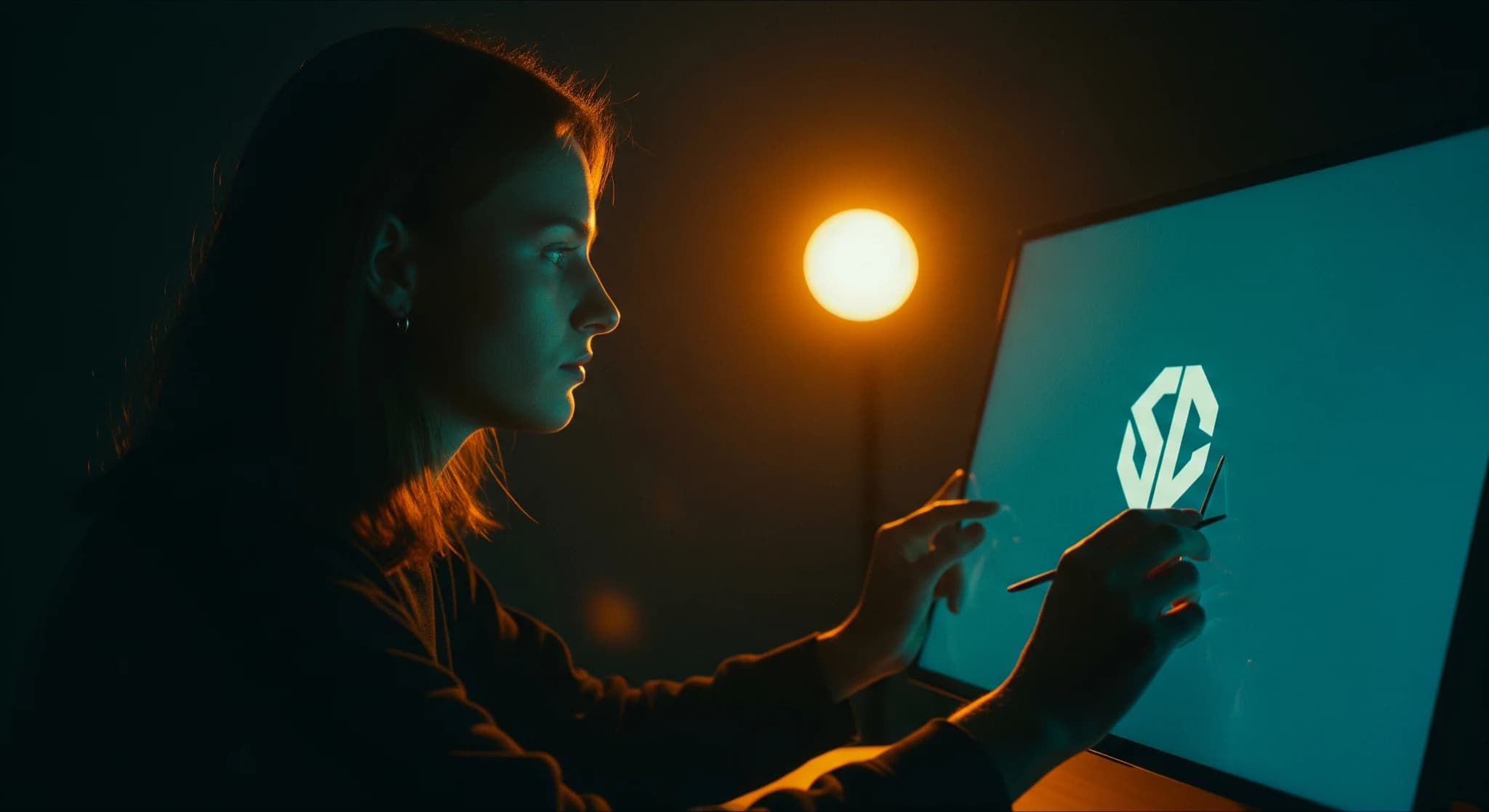 Créer un logo avec l'IA, gros plan d'un designer affinant un logo épuré sur un écran dans un studio sombre, lumière d'accent chaude