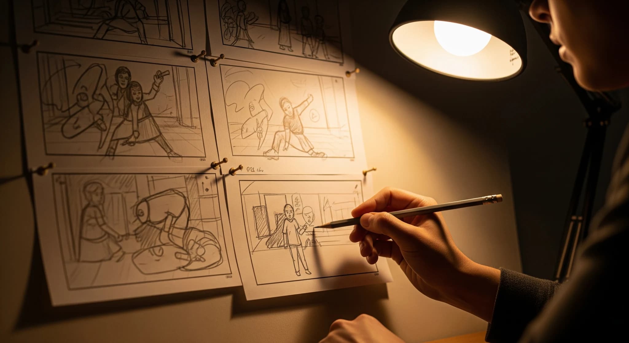 Illustration abstraite storyboard IA, formes cinématiques et glow violet