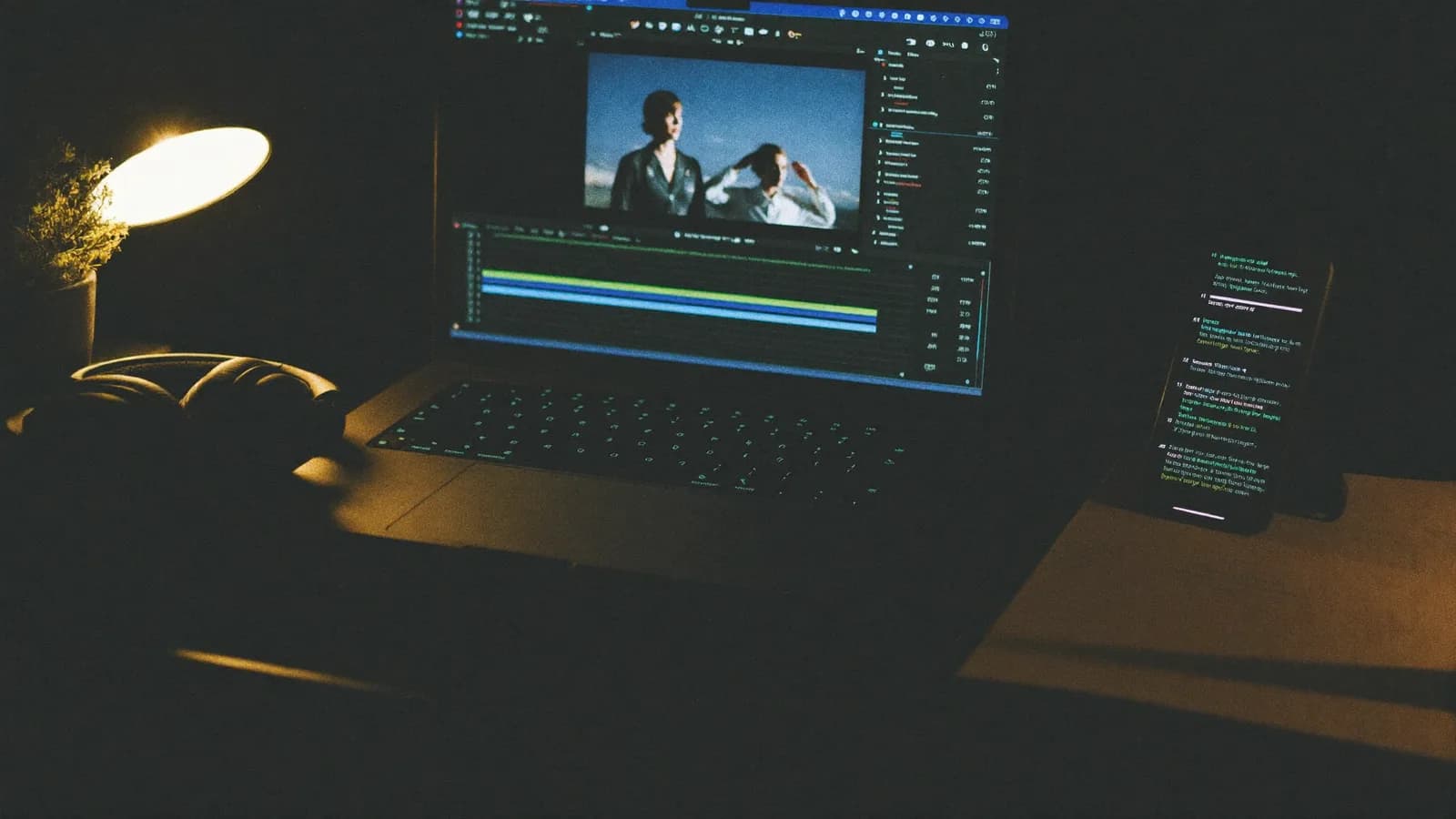 Setup de créateur avec ordinateur portable affichant un script vidéo, casque audio et smartphone montrant une miniature YouTube, lumière de bureau chaude