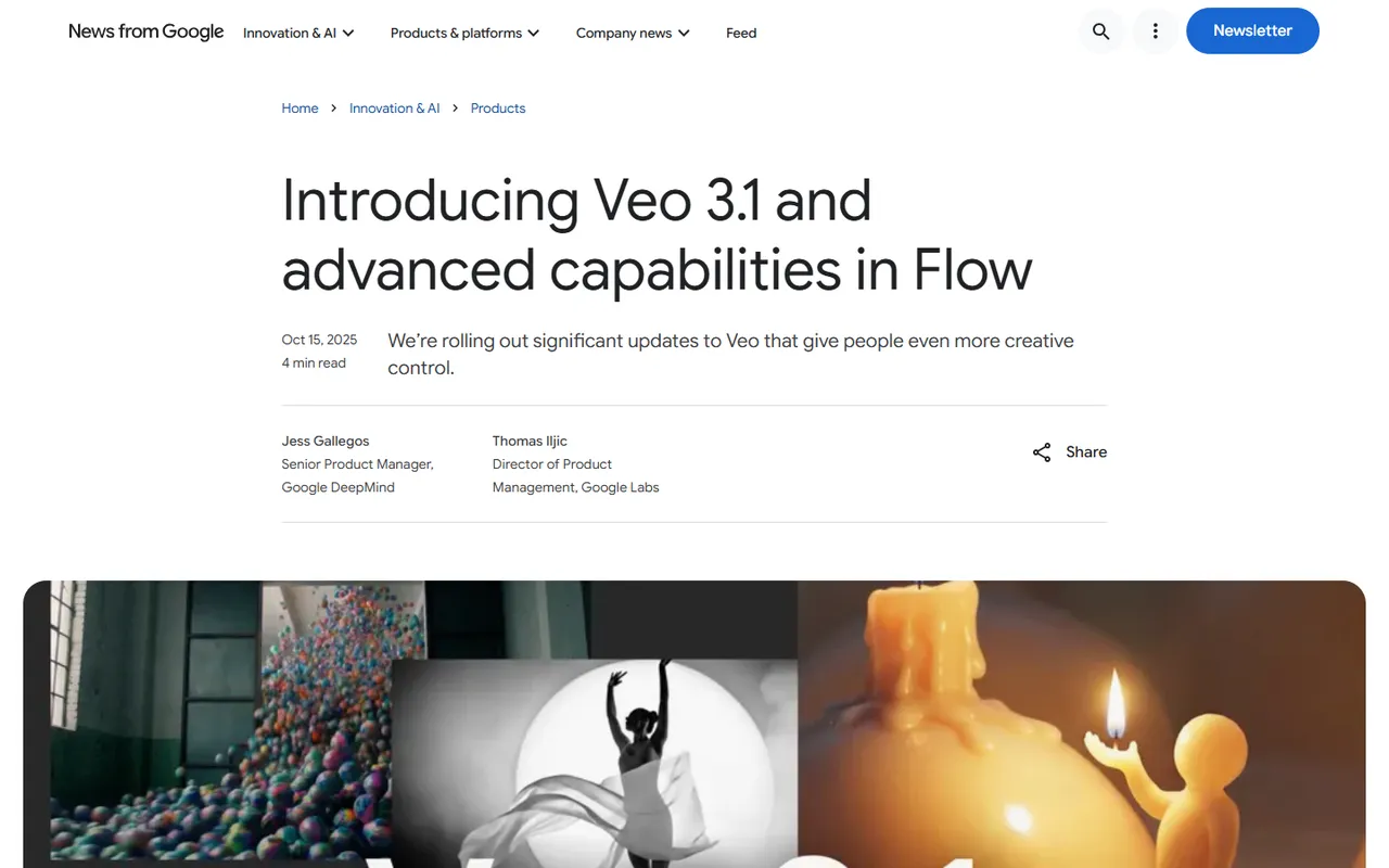 Article du blog officiel de Google intitulé Introducing Veo 3.1 and advanced capabilities in Flow, daté du 15 octobre 2025, signé par Jess Gallegos de Google DeepMind et Thomas Iljic de Google Labs, avec un bandeau de trois images de démonstration