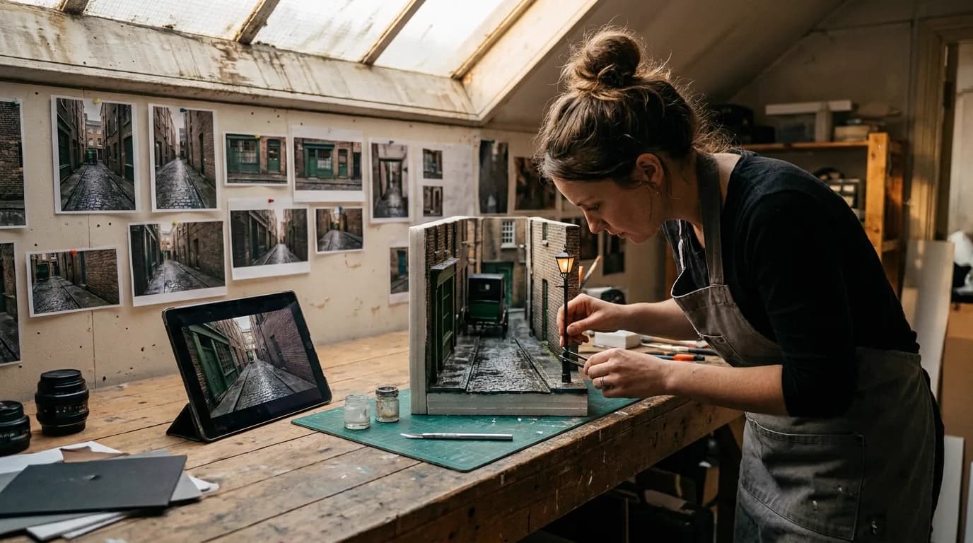Atelier de décoration de cinéma sous une verrière, une femme en tablier ajuste à la pince un réverbère miniature sur la maquette d'une ruelle pavée, tablette posée à côté affichant la même ruelle, mur du fond couvert de tirages punaisés du même lieu sous plusieurs angles