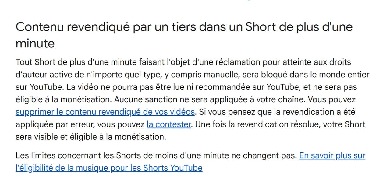 Section du centre d'aide YouTube intitulée Contenu revendiqué par un tiers dans un Short de plus d'une minute, précisant que le Short sera bloqué dans le monde entier